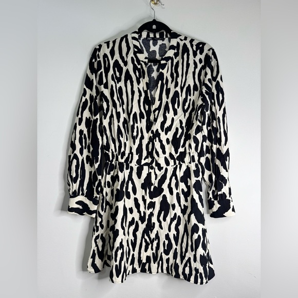 Women’s Zara Animal Print Fall Shirt Festival Dress Black and White Long Sleeve - Picture 3 of 8